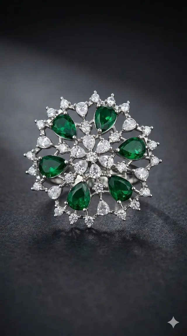 A silver-toned cocktail ring with green and clear stones