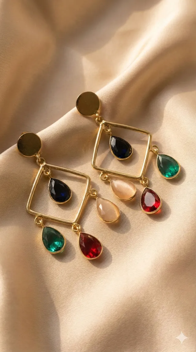 Glossy gold-toned drop earrings set with coloured stones