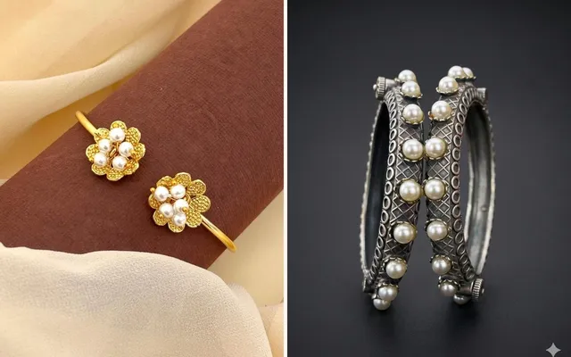 Side by side comparison of a gold-tone pearl flower bracelet and a pair of oxidised silver pearl bangles