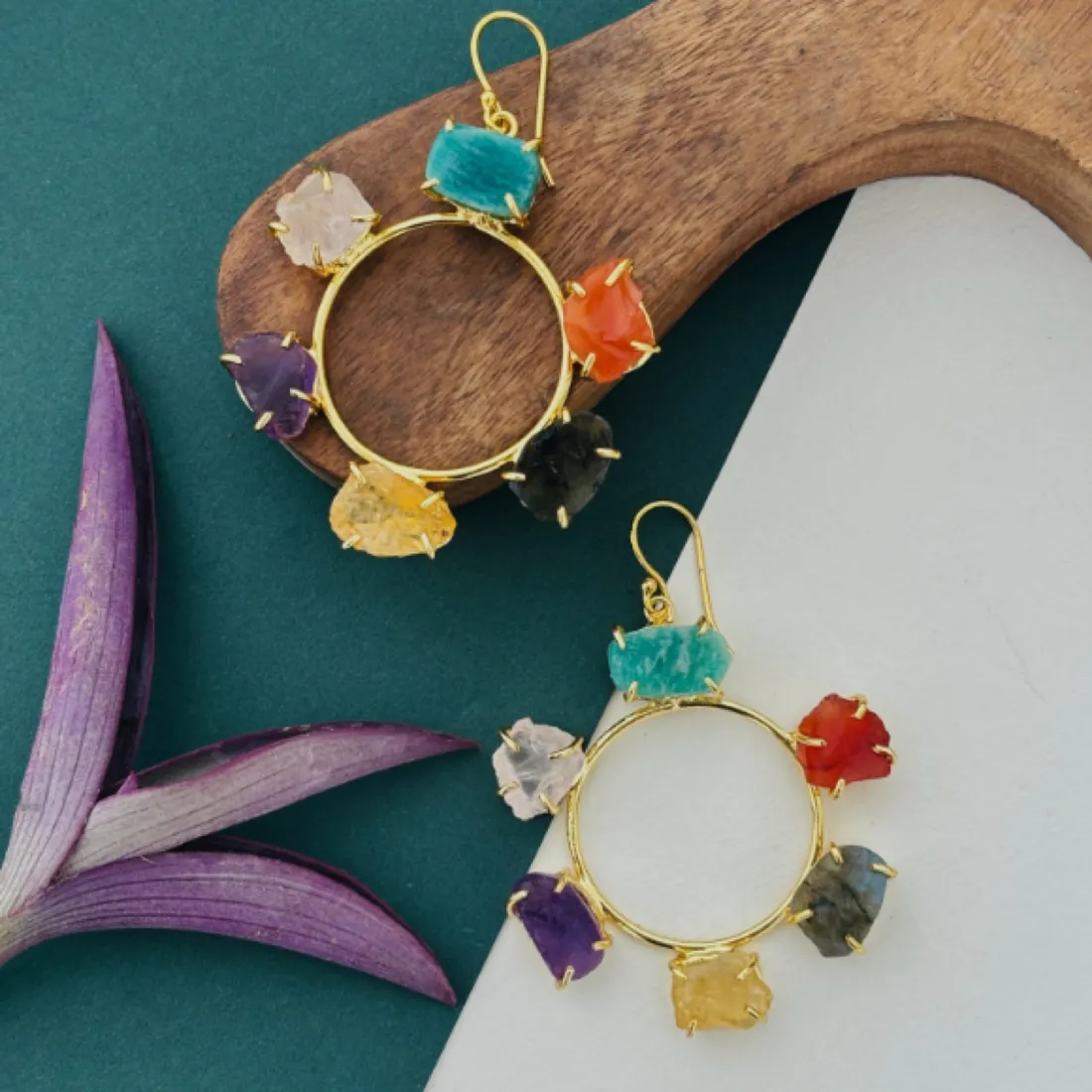 Gold hoop earrings set with colourful natural stones